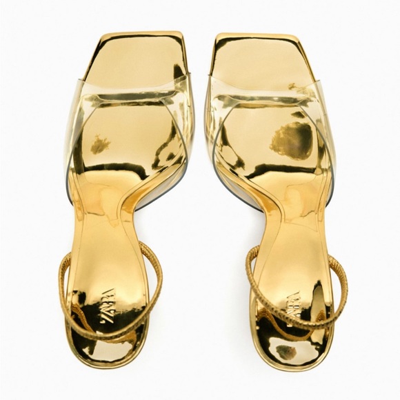 Gold& clear slide on heeled sandals - Picture 3 of 6